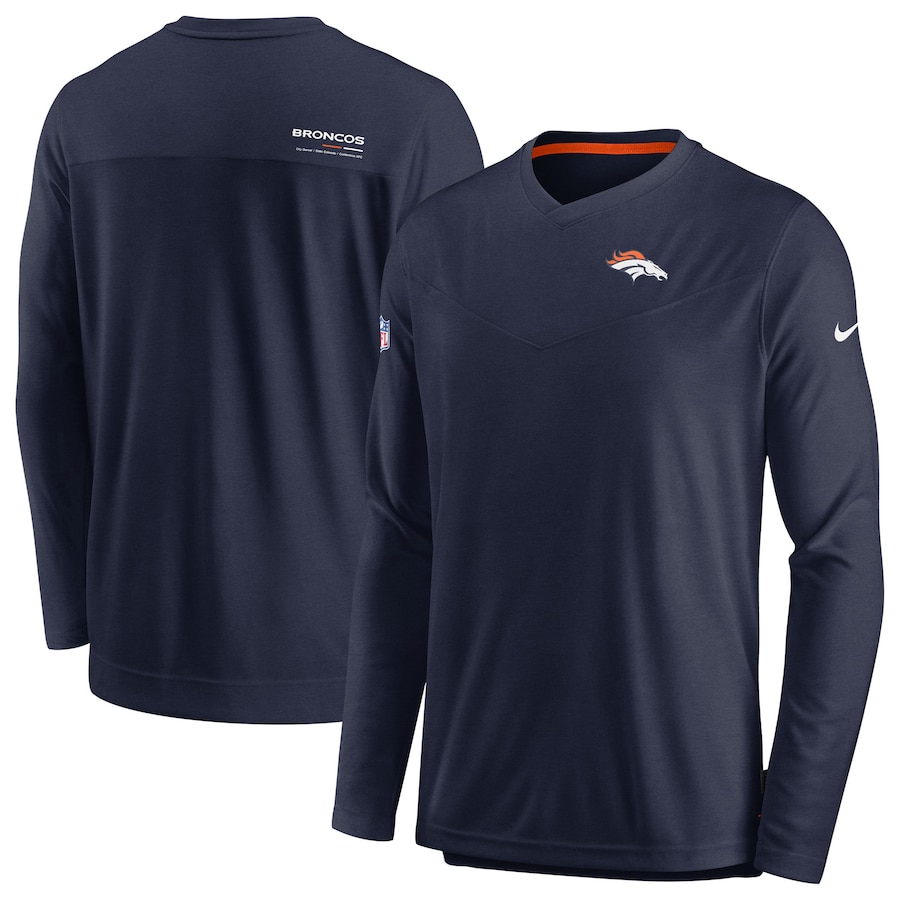 Denver Broncos Football Navy Sideline Coach Chevron Lock Up Long Sleeve V-Neck Performance T-Shirt - Man Denver Broncos Football Navy Sideline Coach Chevron Lock Up Long Sleeve V-Neck Performance T-Shirt - Man