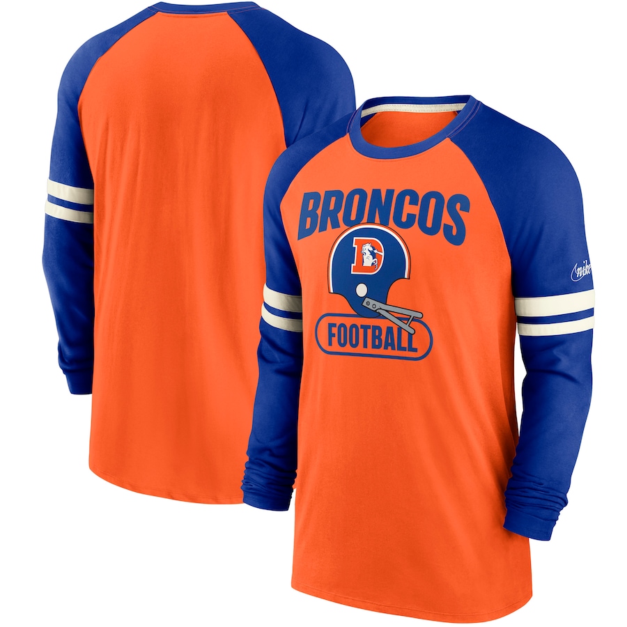 Denver Broncos Football Orange/Royal Throwback Raglan Long Sleeve T-Shirt - Man Denver Broncos Football Orange/Royal Throwback Raglan Long Sleeve T-Shirt - Man