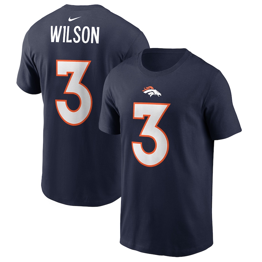Denver Broncos Russell Wilson Football Navy Player Name & Number T-Shirt - Man Denver Broncos Russell Wilson Football Navy Player Name & Number T-Shirt - Man