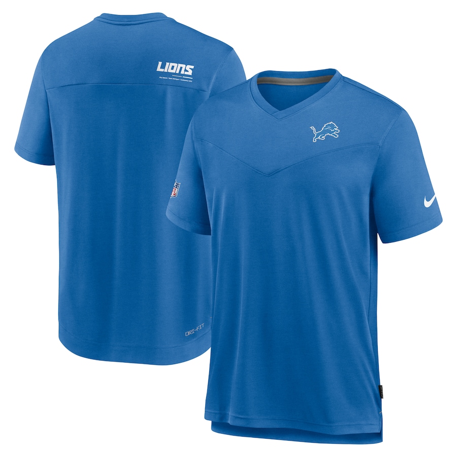 Detroit Lions Football Blue Sideline Coach Chevron Lock Up Logo V-Neck Performance T-Shirt - Man