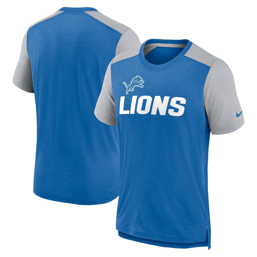Detroit Lions Football Heathered Blue/Heathered Gray Color Block Team Name T-Shirt - Man Detroit Lions Football Heathered Blue/Heathered Gray Color Block Team Name T-Shirt - Man