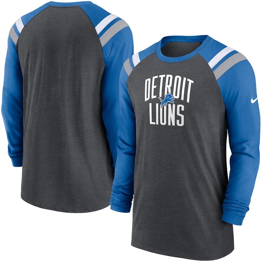 Detroit Lions Football Heathered Charcoal/Blue Tri-Blend Raglan Athletic Long Sleeve Fashion T-Shirt - Man Detroit Lions Football Heathered Charcoal/Blue Tri-Blend Raglan Athletic Long Sleeve Fashion T-Shirt - Man