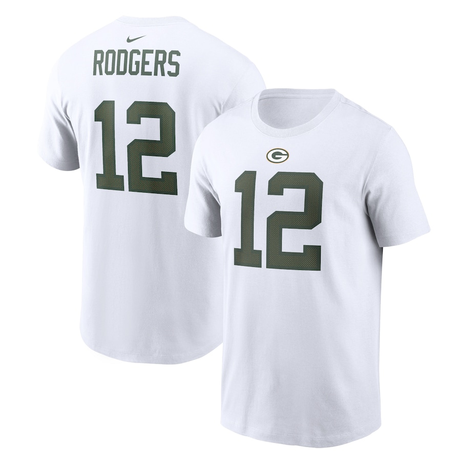 Green Bay Packers Aaron Rodgers Football White Player Name & Number T-Shirt - Man Green Bay Packers Aaron Rodgers Football White Player Name & Number T-Shirt - Man