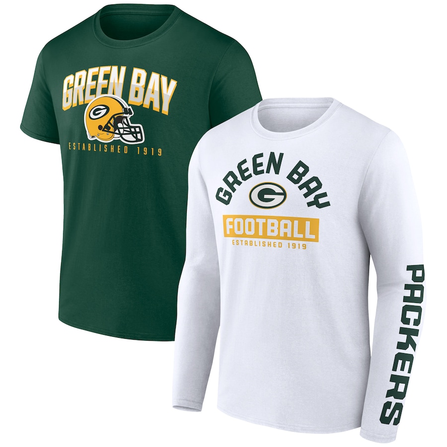 Green Bay Packers Green/White Long and Short Sleeve Two-Pack T-Shirt - Man Green Bay Packers Green/White Long and Short Sleeve Two-Pack T-Shirt - Man