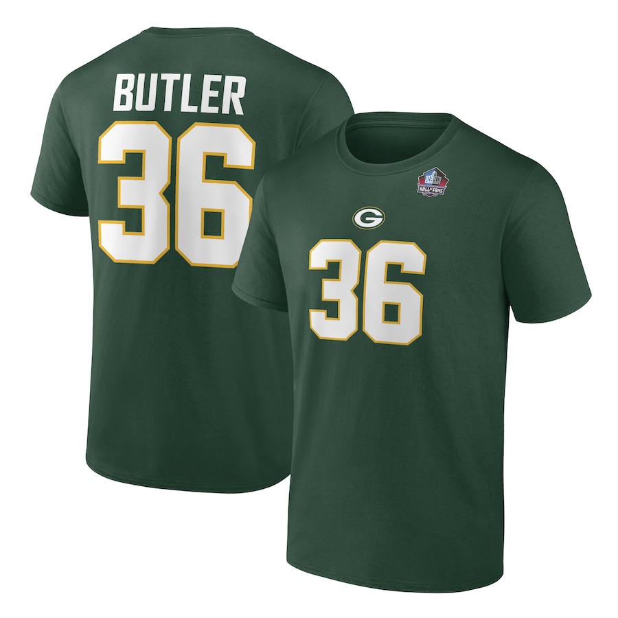 Green Bay Packers LeRoy Butler Green Hall of Fame Name & Number T-Shirt - Man Green Bay Packers LeRoy Butler Green Hall of Fame Name & Number T-Shirt - Man