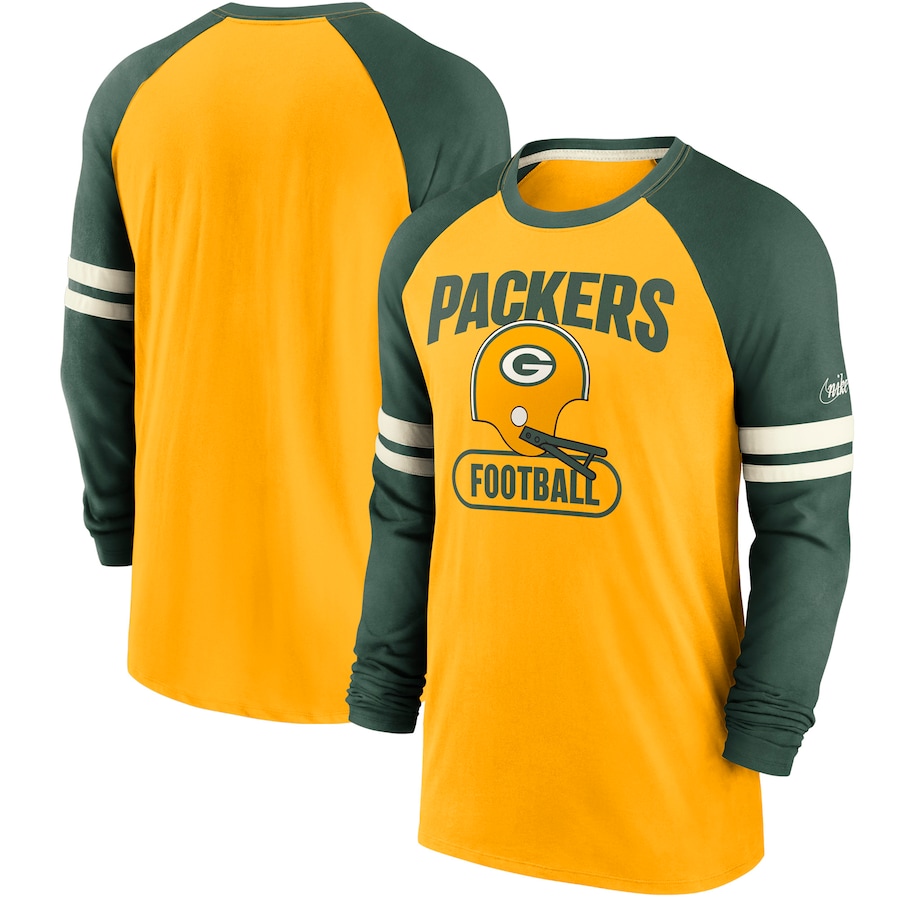 Green Bay Packers Football Gold/Green Throwback Raglan Long Sleeve T-Shirt - Man Green Bay Packers Football Gold/Green Throwback Raglan Long Sleeve T-Shirt - Man