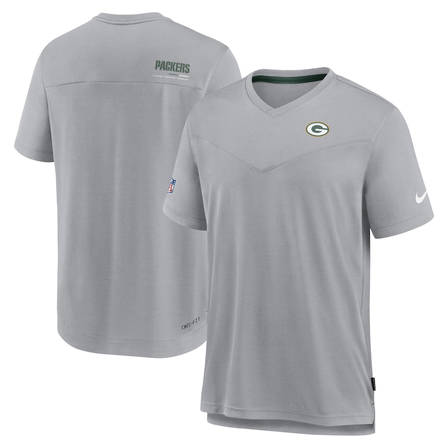 Green Bay Packers Football Gray Sideline Coach Chevron Lock Up Logo V-Neck Performance T-Shirt - Man Green Bay Packers Football Gray Sideline Coach Chevron Lock Up Logo V-Neck Performance T-Shirt - Man