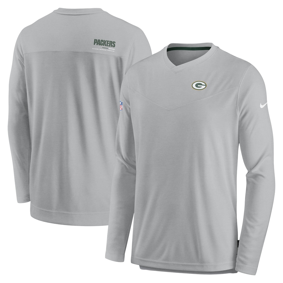 Green Bay Packers Football Gray Sideline Coach Chevron Lock Up Long Sleeve V-Neck Performance T-Shirt - Man