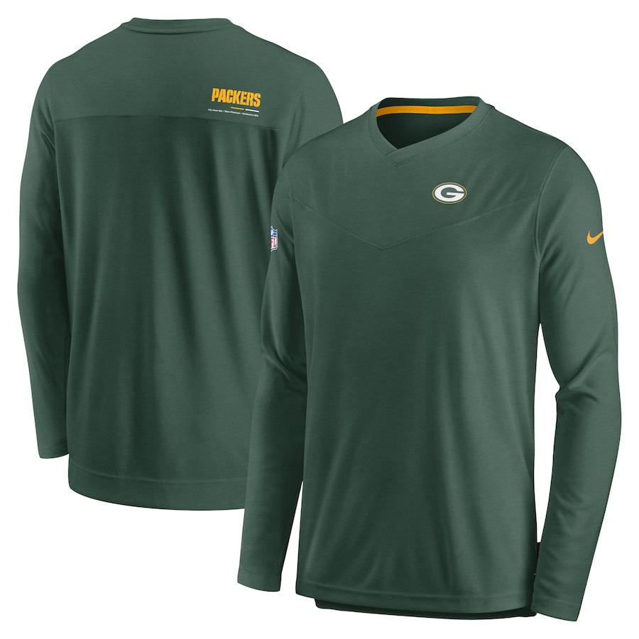 Green Bay Packers Football Green Sideline Coach Chevron Lock Up Long Sleeve V-Neck Performance T-Shirt - Man