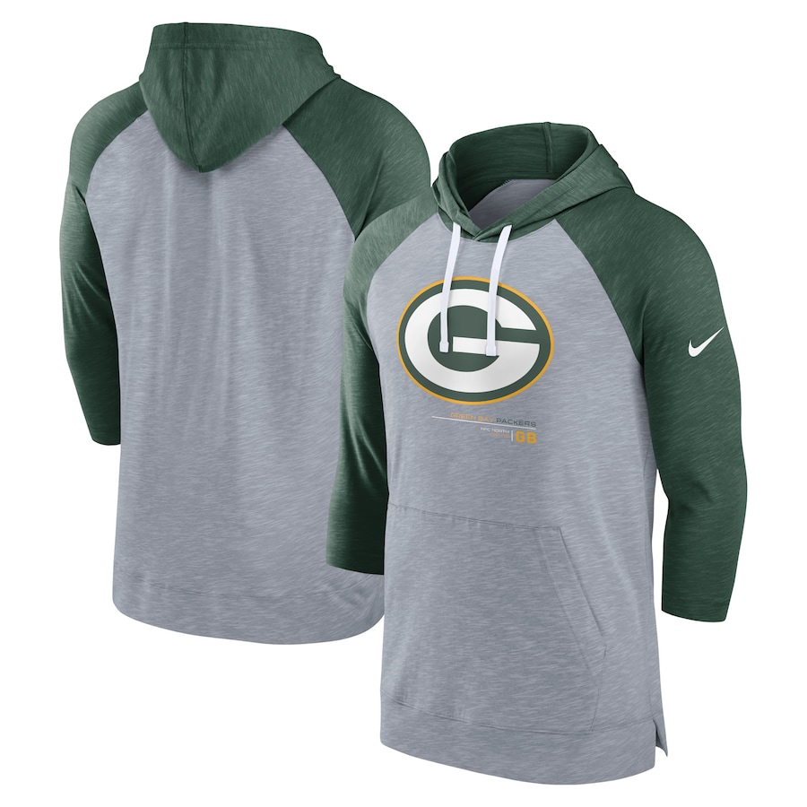 Green Bay Packers Football Heather Gray/Heather Green Raglan 3/4-Sleeve Pullover Hoodie - Man