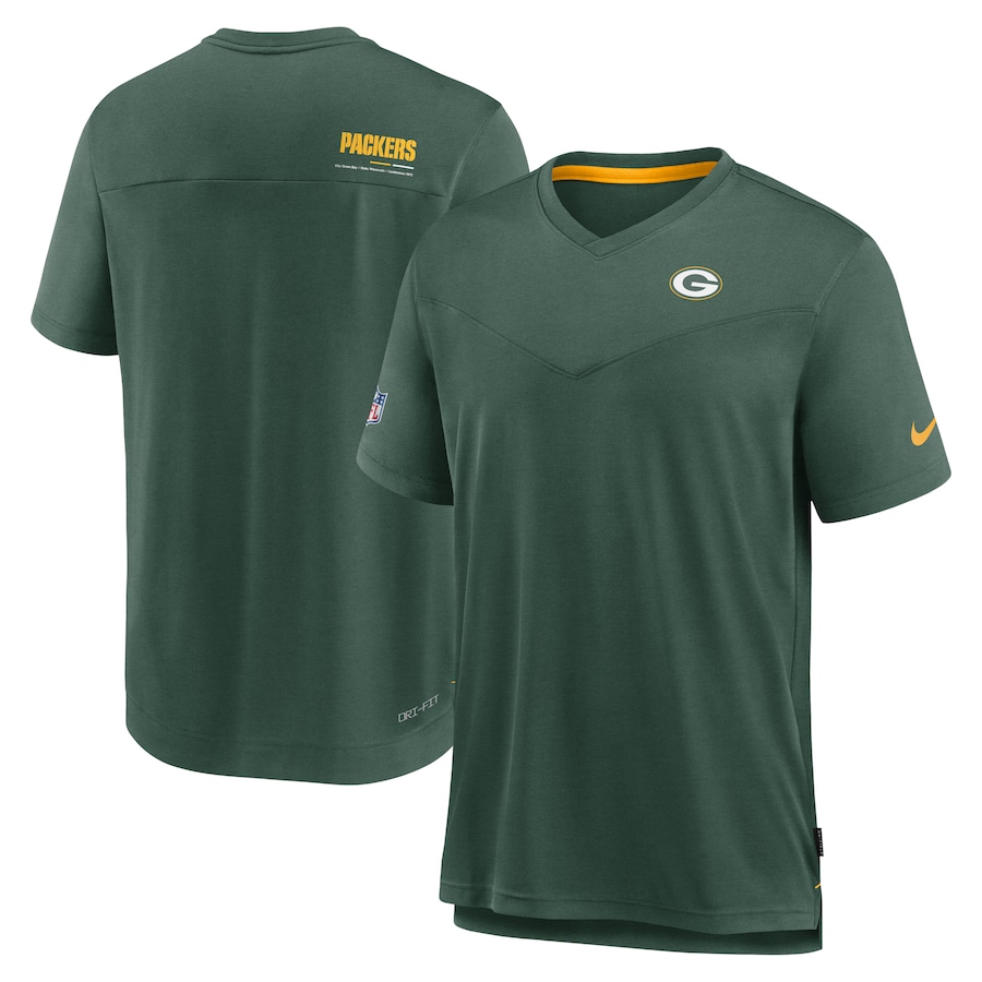 Green Bay Packers Football Heather Kelly Green Sideline Coach Chevron Lock Up Logo V-Neck Performance T-Shirt - Man Green Bay Packers Football Heather Kelly Green Sideline Coach Chevron Lock Up Logo V-Neck Performance T-Shirt - Man