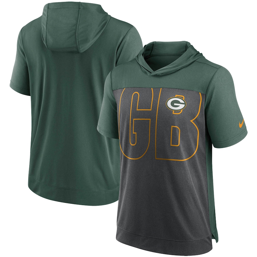 Green Bay Packers Football Heathered Charcoal/Green Performance Hoodie T-Shirt - Man