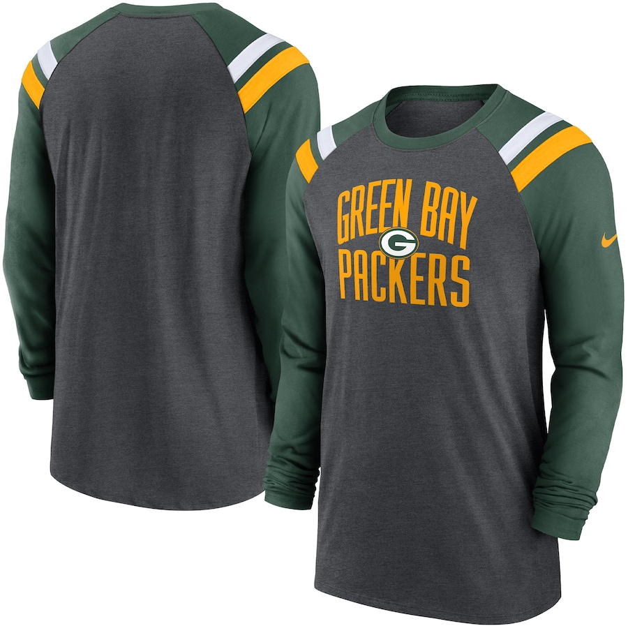 Green Bay Packers Football Heathered Charcoal/Green Tri-Blend Raglan Athletic Long Sleeve Fashion T-Shirt - Man Green Bay Packers Football Heathered Charcoal/Green Tri-Blend Raglan Athletic Long Sleeve Fashion T-Shirt - Man