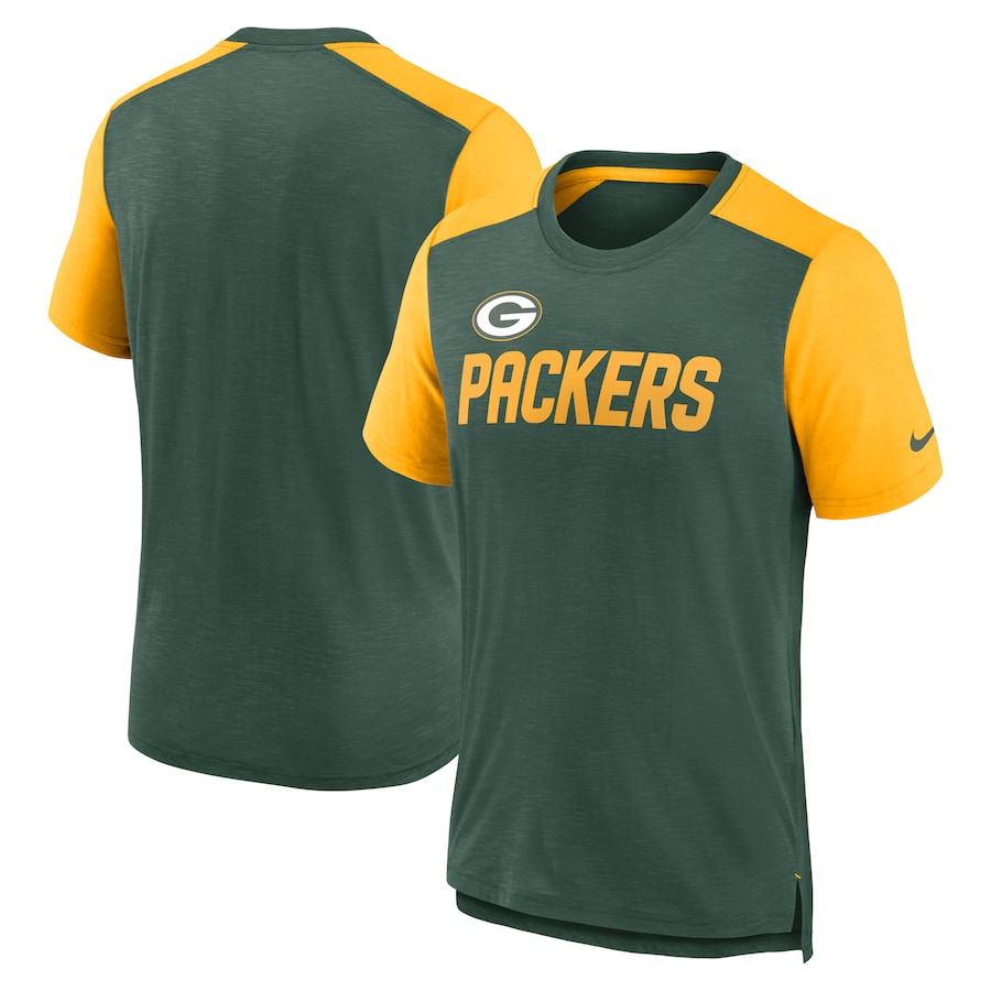 Green Bay Packers Football Heathered Green/Heathered Gold Color Block Team Name T-Shirt - Man Green Bay Packers Football Heathered Green/Heathered Gold Color Block Team Name T-Shirt - Man