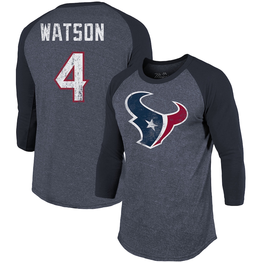 Houston Texans Deshaun Watson Majestic Threads Navy Player Name & Number Tri-Blend 3/4-Sleeve Raglan T-Shirt - Man