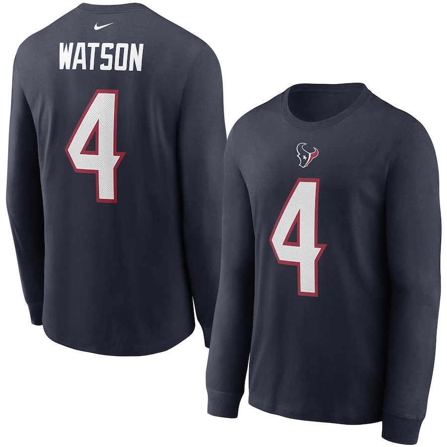 Houston Texans Deshaun Watson Football Navy Player Name & Number Long Sleeve T-Shirt - Man Houston Texans Deshaun Watson Football Navy Player Name & Number Long Sleeve T-Shirt - Man