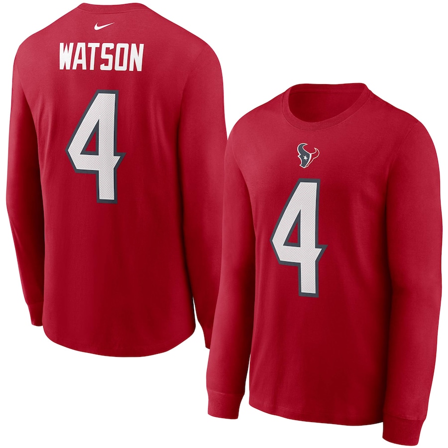 Houston Texans Deshaun Watson Football Red Player Name & Number Long Sleeve T-Shirt - Man