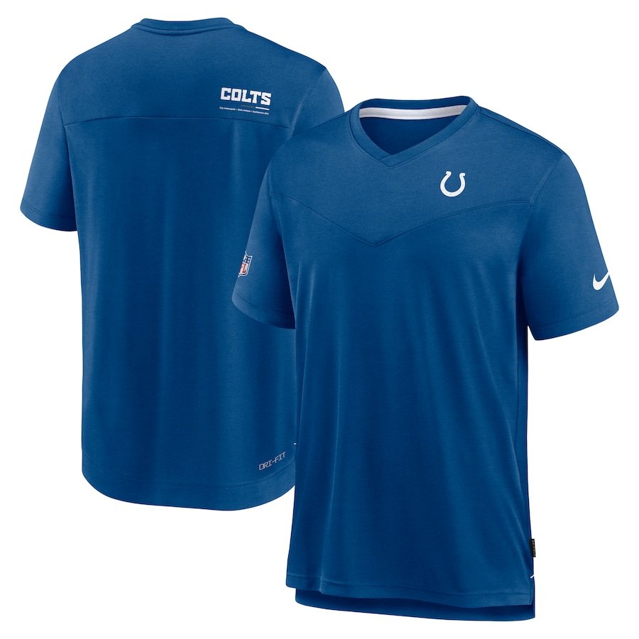 Indianapolis Colts Football Royal Sideline Coach Chevron Lock Up Logo V-Neck Performance T-Shirt - Man Indianapolis Colts Football Royal Sideline Coach Chevron Lock Up Logo V-Neck Performance T-Shirt - Man