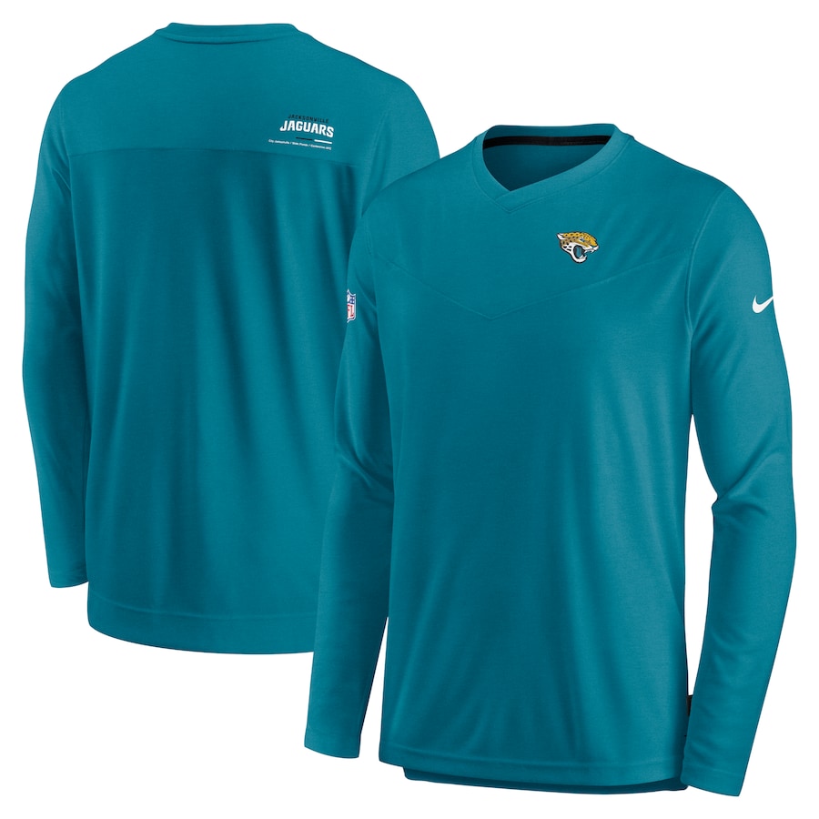 Jacksonville Jaguars Football Teal Sideline Coach Chevron Lock Up Long Sleeve V-Neck Performance T-Shirt - Man