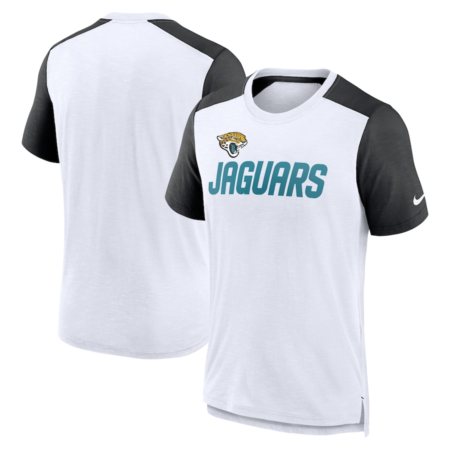 Jacksonville Jaguars Football White/Heathered Black Color Block Team Name T-Shirt - Man
