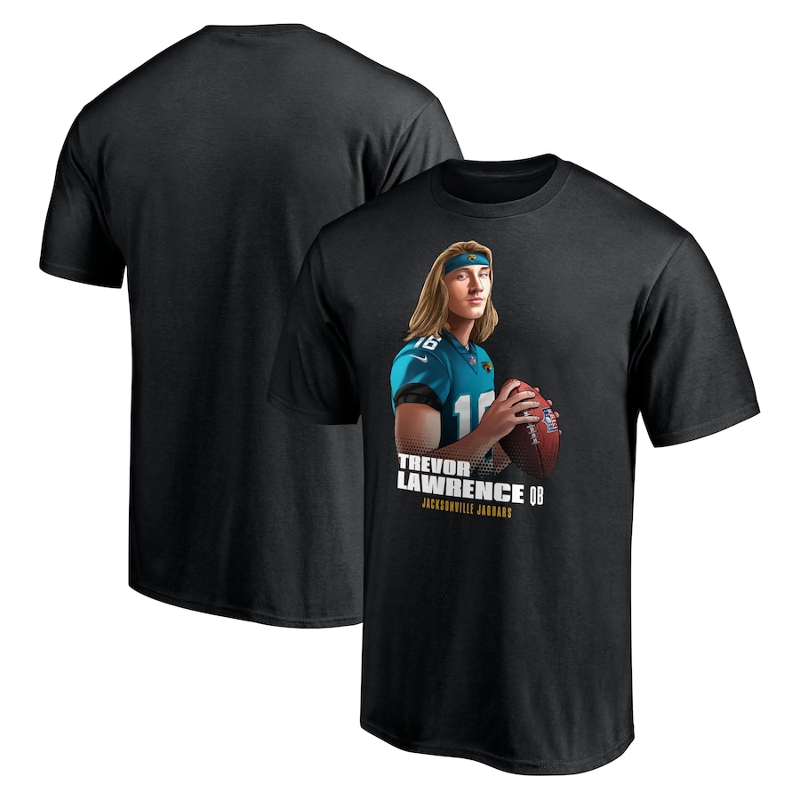 Jacksonville Jaguars Trevor Lawrence Black Player Graphic T-Shirt - Man Jacksonville Jaguars Trevor Lawrence Black Player Graphic T-Shirt - Man