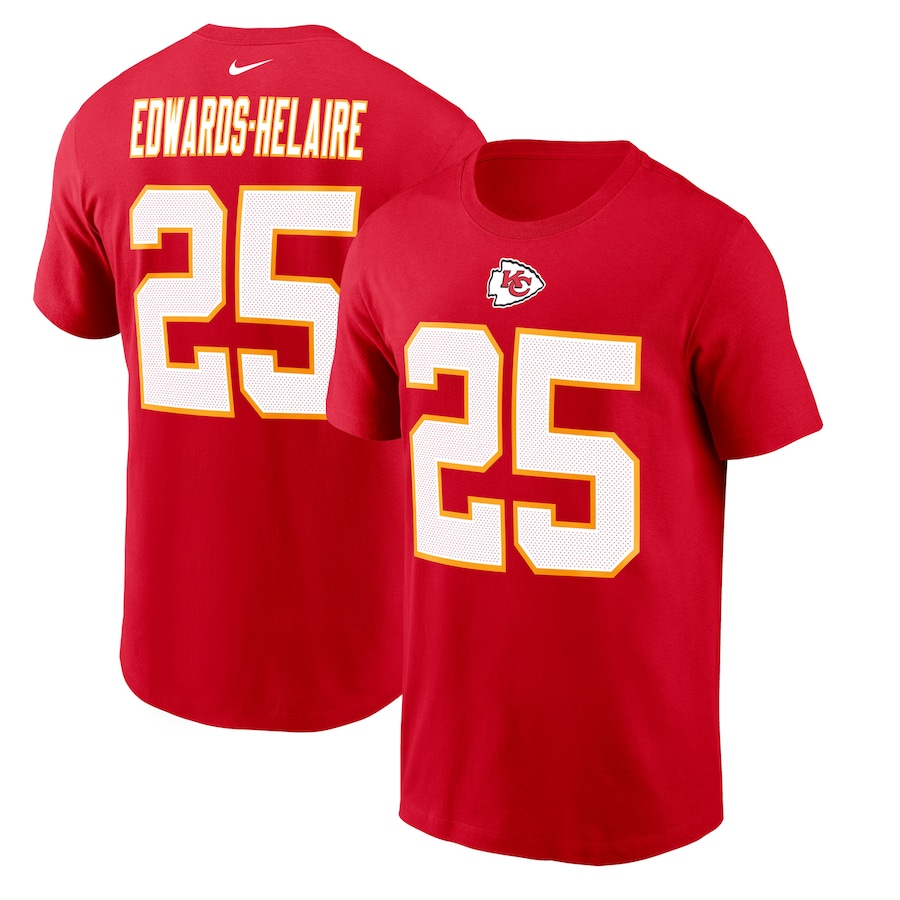 Kansas City Chiefs Clyde Edwards-Helaire Football Red Player Name & Number T-Shirt - Man Kansas City Chiefs Clyde Edwards-Helaire Football Red Player Name & Number T-Shirt - Man