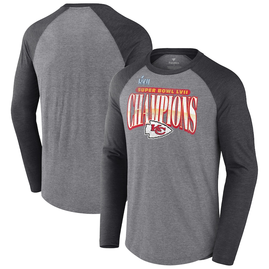 Kansas City Chiefs Heather Gray/Heather Charcoal Super Bowl LVII Champions Rewrite History Raglan Long Sleeve Tri-Blend T-Shirt - Man
