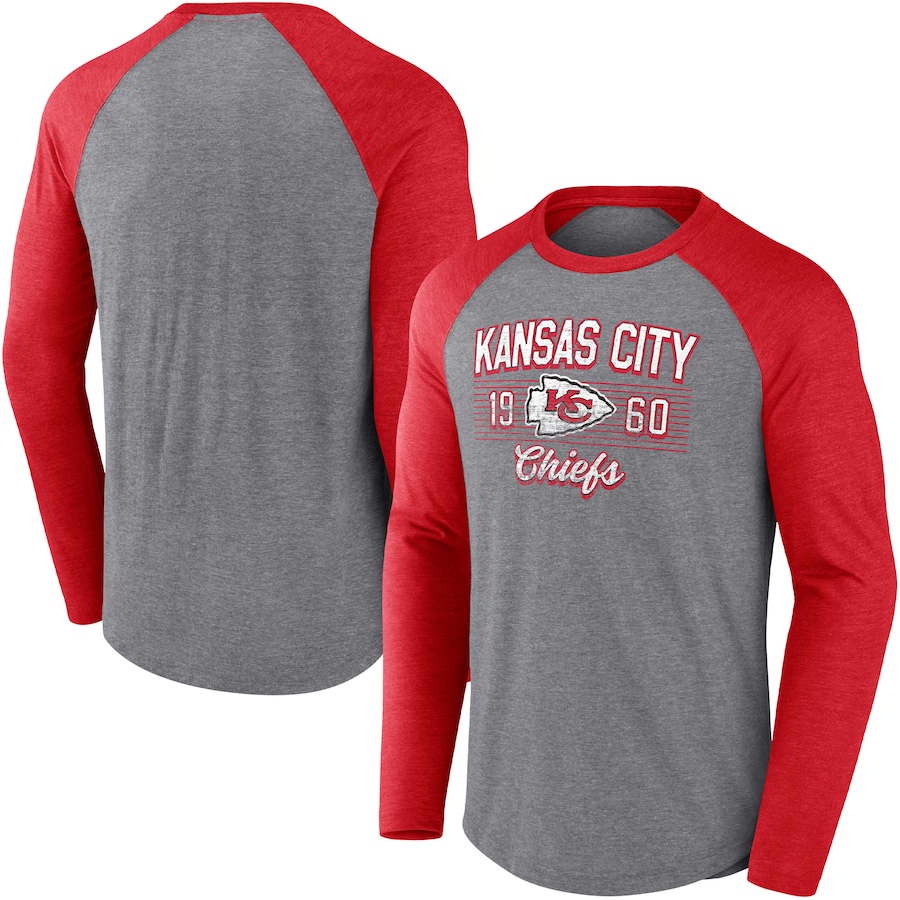 Kansas City Chiefs Heathered Gray/Heathered Red Weekend Casual Raglan Long Sleeve T-Shirt - Man Kansas City Chiefs Heathered Gray/Heathered Red Weekend Casual Raglan Long Sleeve T-Shirt - Man