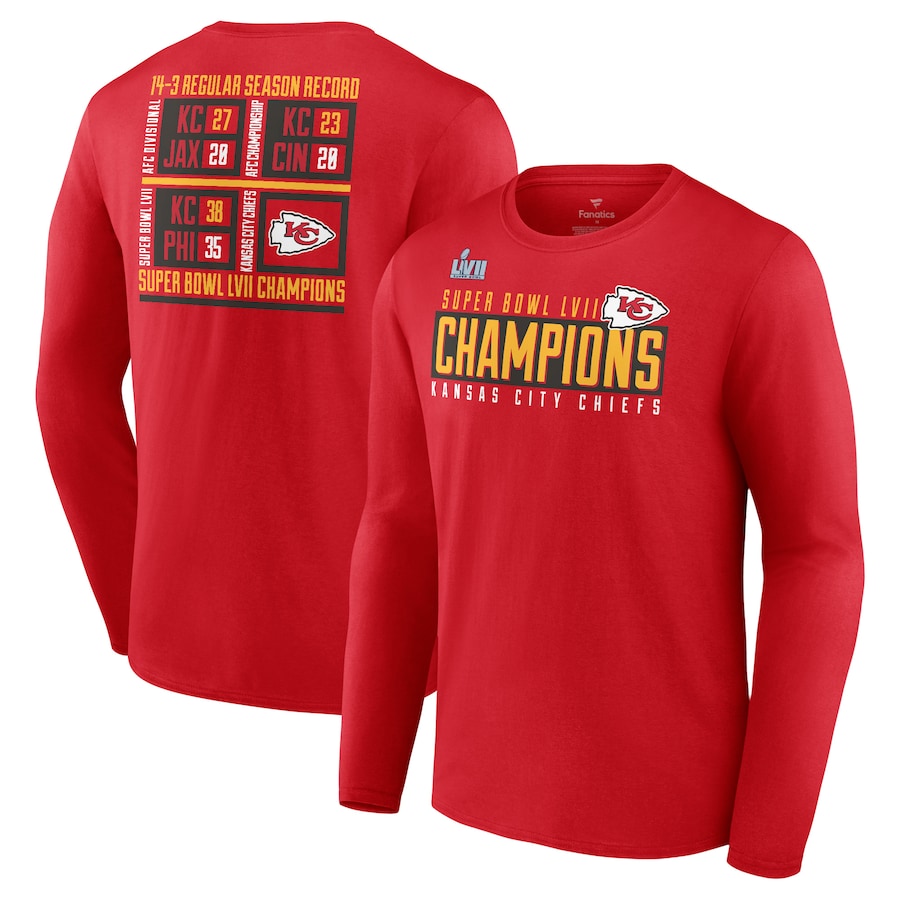 Kansas City Chiefs Red Super Bowl LVII Champions Scoreboard Showcase Long Sleeve T-Shirt - Man