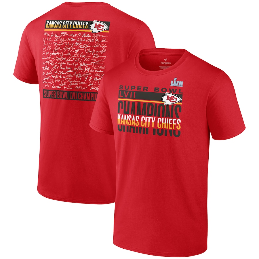 Kansas City Chiefs Red Super Bowl LVII Champions Signature Roster T-Shirt - Man