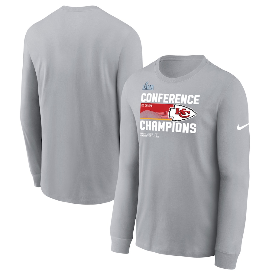 Kansas City Chiefs Football Gray 2022 AFC Champions Locker Room Trophy Collection Long Sleeve T-Shirt - Man