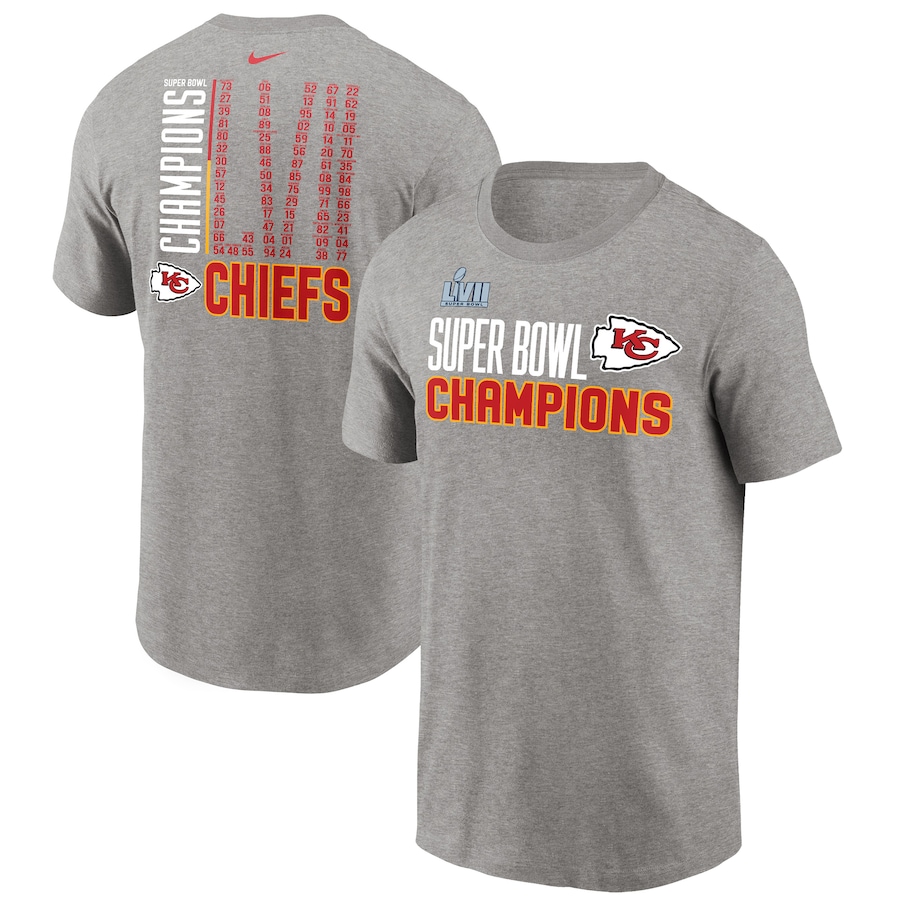 Kansas City Chiefs Football Heather Gray Super Bowl LVII Champions Roster T-Shirt - Man