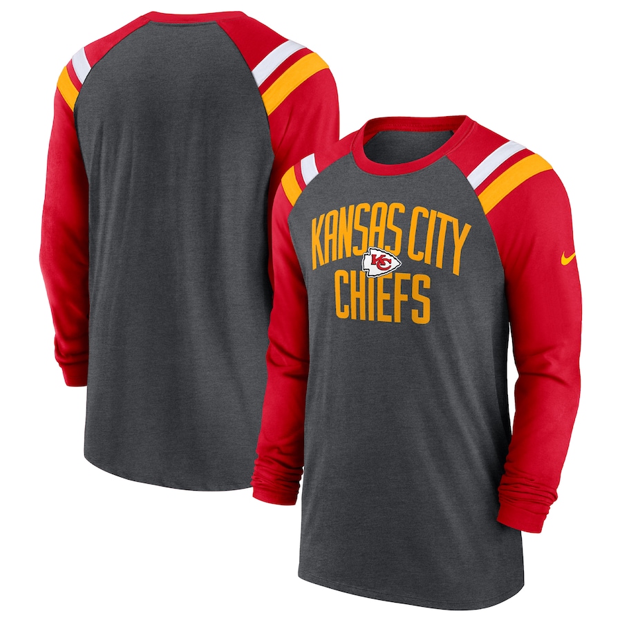 Kansas City Chiefs Football Heathered Charcoal/Red Tri-Blend Raglan Athletic Long Sleeve Fashion T-Shirt - Man Kansas City Chiefs Football Heathered Charcoal/Red Tri-Blend Raglan Athletic Long Sleeve Fashion T-Shirt - Man