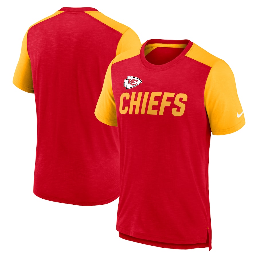 Kansas City Chiefs Football Heathered Red/Heathered Gold Color Block Team Name T-Shirt - Man Kansas City Chiefs Football Heathered Red/Heathered Gold Color Block Team Name T-Shirt - Man