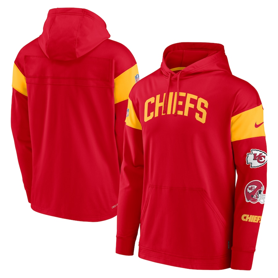 Kansas City Chiefs Football Red/Gold Sideline Athletic Arch Jersey Performance Pullover Hoodie - Man Kansas City Chiefs Football Red/Gold Sideline Athletic Arch Jersey Performance Pullover Hoodie - Man