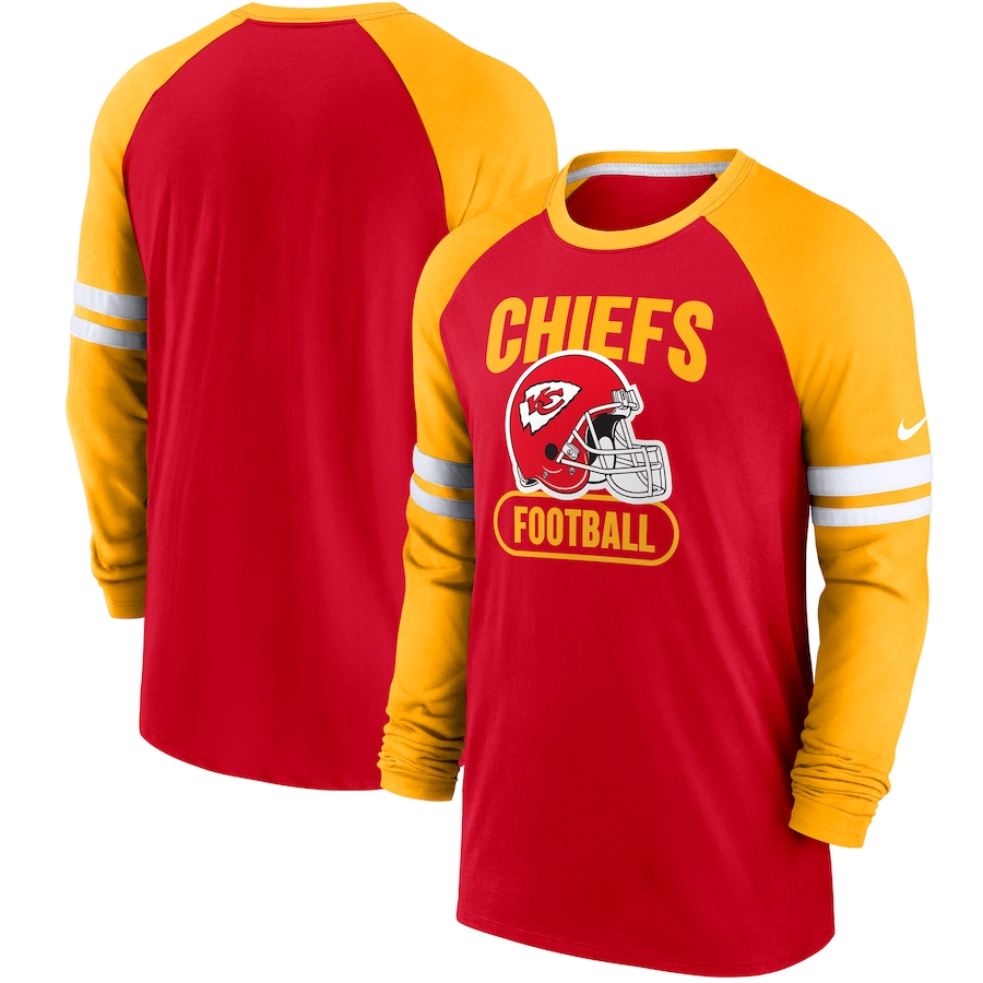 Kansas City Chiefs Football Red/Gold Throwback Raglan Long Sleeve T-Shirt - Man Kansas City Chiefs Football Red/Gold Throwback Raglan Long Sleeve T-Shirt - Man