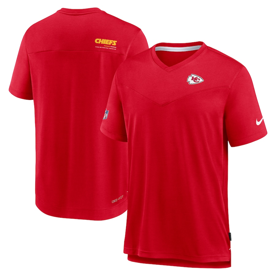 Kansas City Chiefs Football Red Sideline Coach Chevron Lock Up Logo V-Neck Performance T-Shirt - Man Kansas City Chiefs Football Red Sideline Coach Chevron Lock Up Logo V-Neck Performance T-Shirt - Man