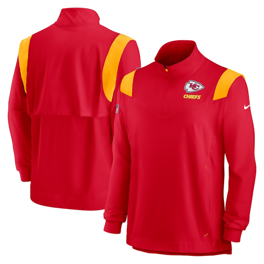 Kansas City Chiefs Football Red Sideline Coach Chevron Lockup Quarter-Zip Long Sleeve Top - Man Kansas City Chiefs Football Red Sideline Coach Chevron Lockup Quarter-Zip Long Sleeve Top - Man