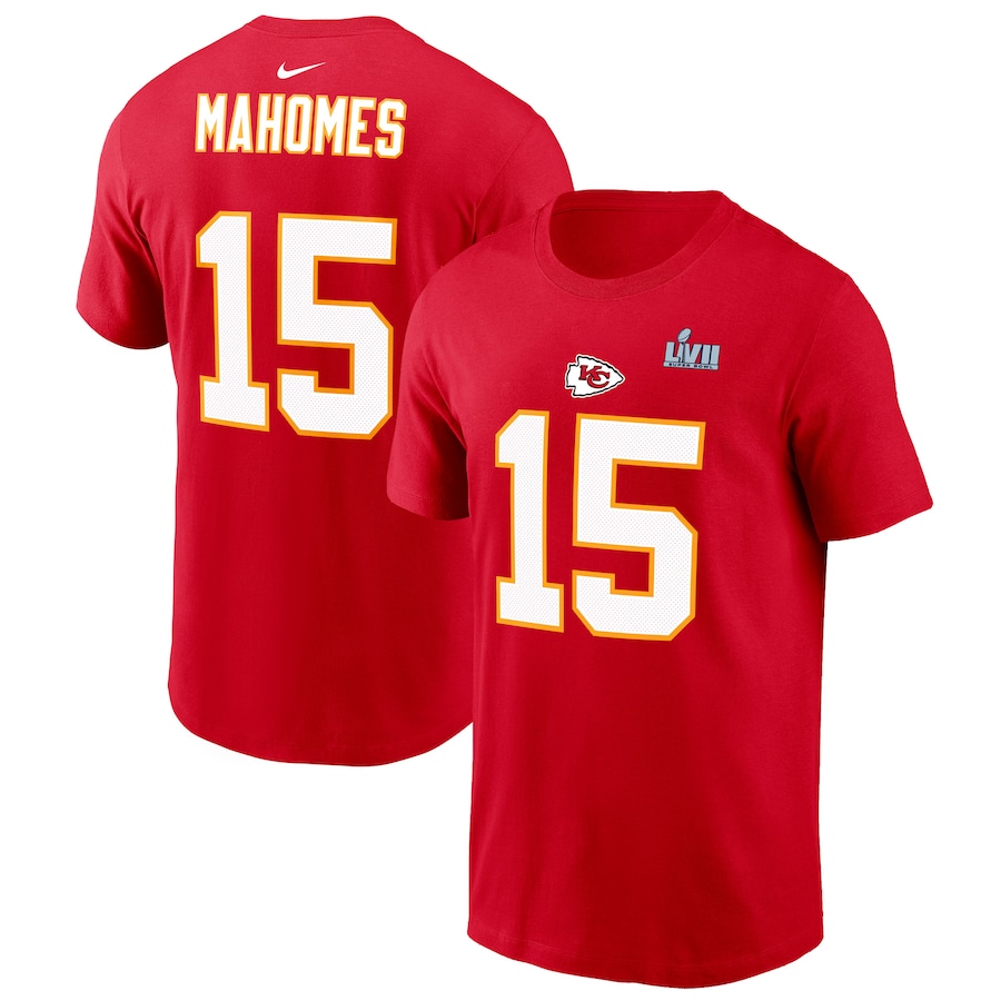 Kansas City Chiefs Patrick Mahomes Football Red Super Bowl LVII Name & Number T-Shirt - Man