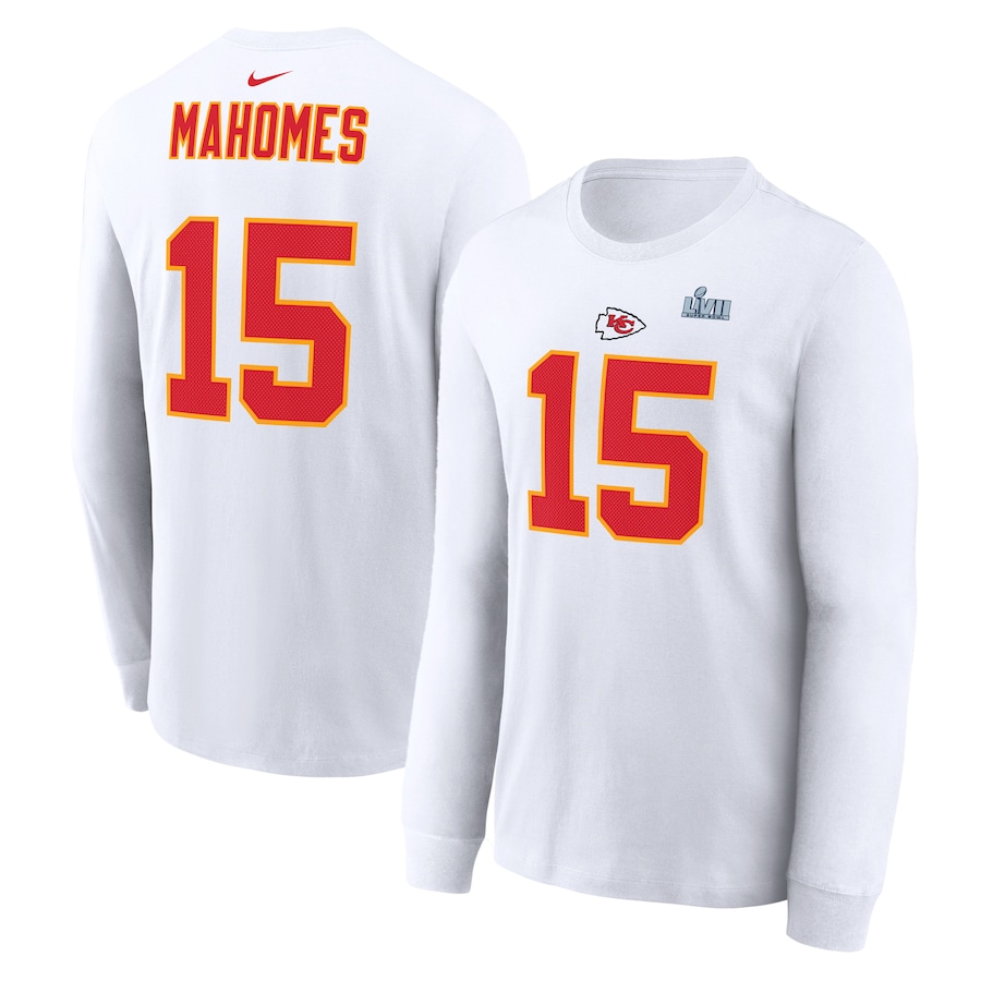 Kansas City Chiefs Patrick Mahomes Football White Super Bowl LVII Name & Number Long Sleeve T-Shirt - Man