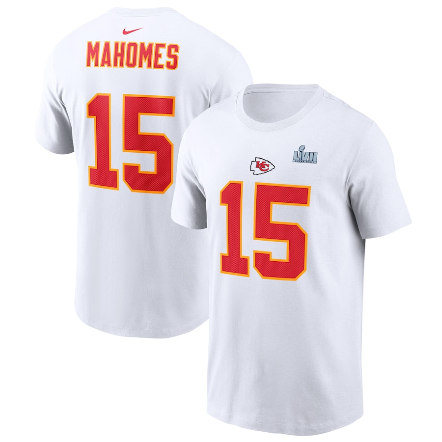 Kansas City Chiefs Patrick Mahomes Football White Super Bowl LVII Name & Number T-Shirt - Man