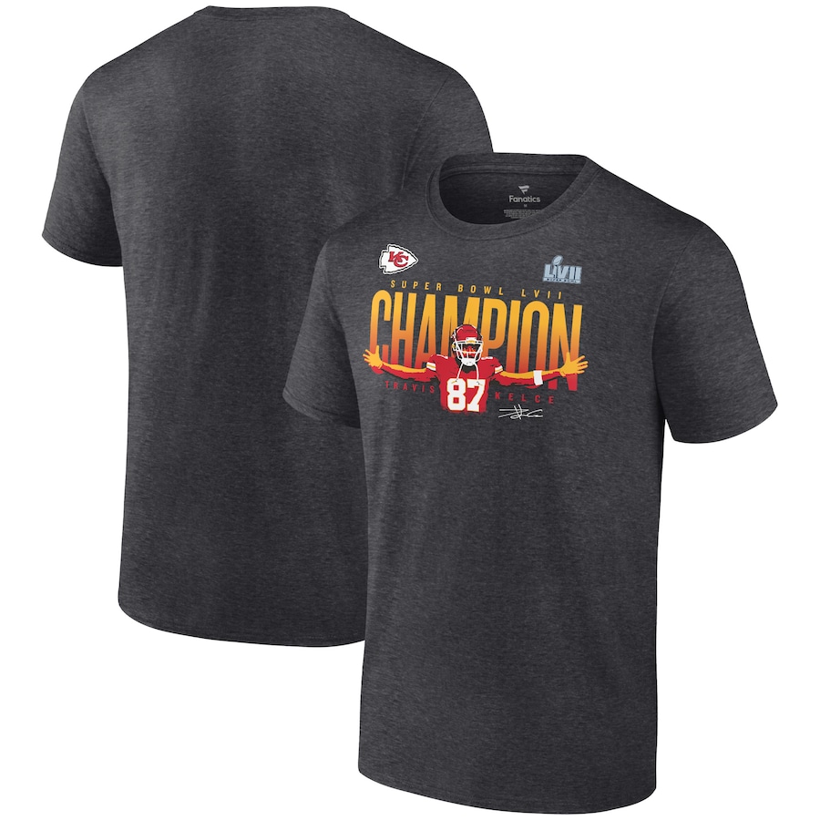 Kansas City Chiefs Travis Kelce Charcoal Super Bowl LVII Champions Winning Plays T-Shirt - Man