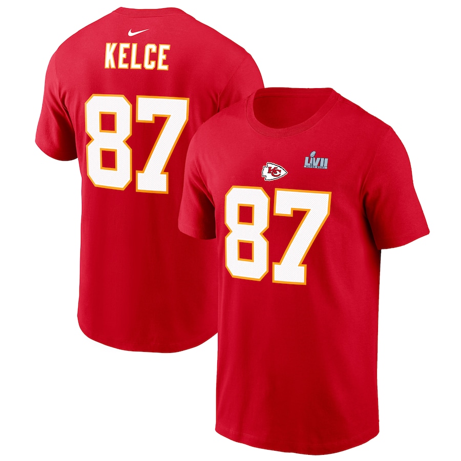 Kansas City Chiefs Travis Kelce Football Red Super Bowl LVII Name & Number T-Shirt - Man