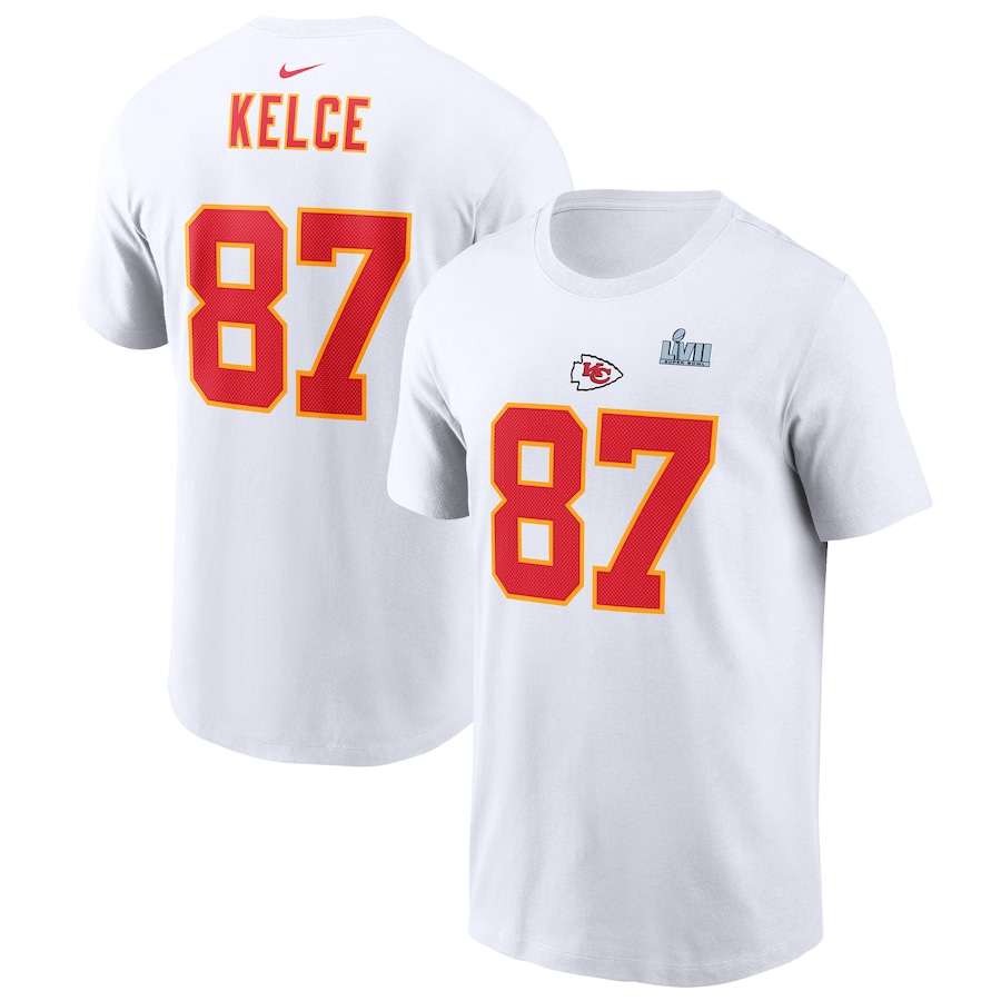 Kansas City Chiefs Travis Kelce Football White Super Bowl LVII Name & Number T-Shirt - Man