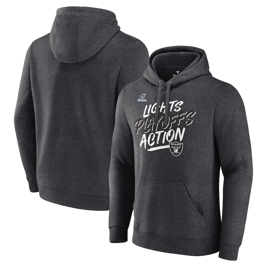 Las Vegas Raiders Heather Charcoal 2021 NFL Playoffs Bound Lights Action Fitted Pullover Hoodie - Man Las Vegas Raiders Heather Charcoal 2021 NFL Playoffs Bound Lights Action Fitted Pullover Hoodie - Man