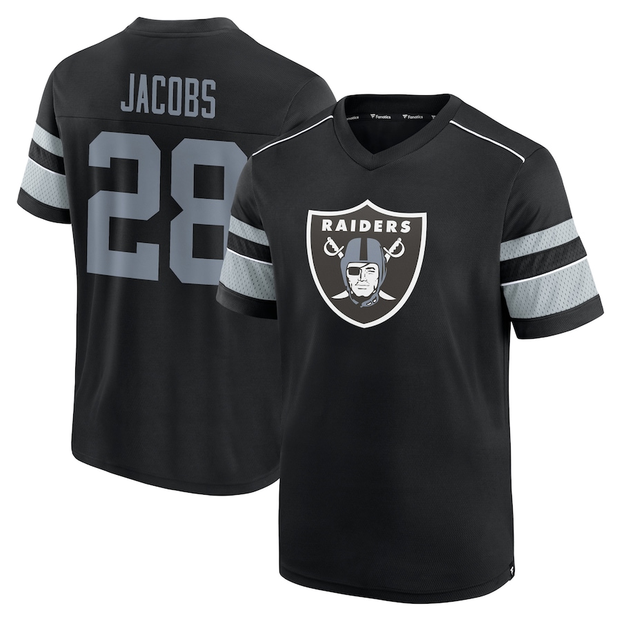 Las Vegas Raiders Josh Jacobs Black Hashmark Name & Number V-Neck T-Shirt - Man Las Vegas Raiders Josh Jacobs Black Hashmark Name & Number V-Neck T-Shirt - Man