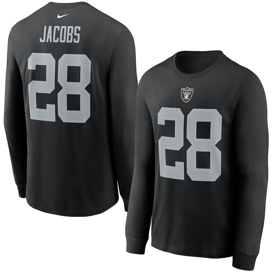 Las Vegas Raiders Josh Jacobs Football Black Player Name & Number Long Sleeve T-Shirt - Man Las Vegas Raiders Josh Jacobs Football Black Player Name & Number Long Sleeve T-Shirt - Man