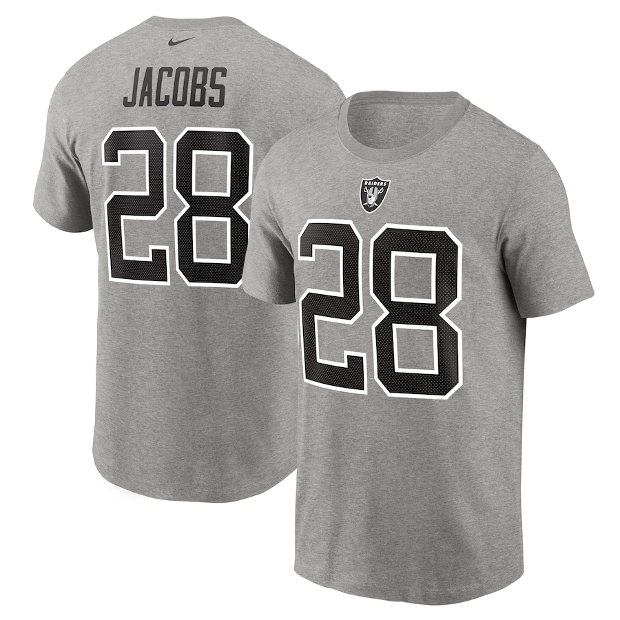 Las Vegas Raiders Josh Jacobs Football Gray Name & Number T-Shirt - Man Las Vegas Raiders Josh Jacobs Football Gray Name & Number T-Shirt - Man