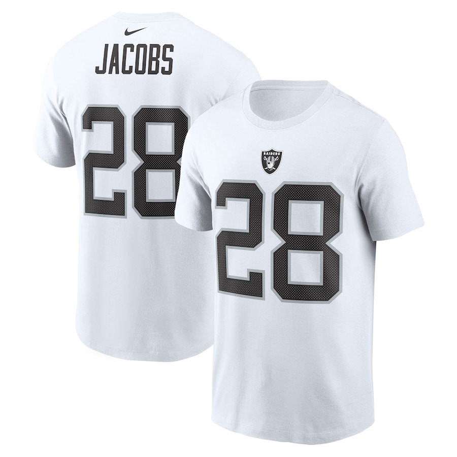 Las Vegas Raiders Josh Jacobs Football White Name & Number T-Shirt - Man Las Vegas Raiders Josh Jacobs Football White Name & Number T-Shirt - Man