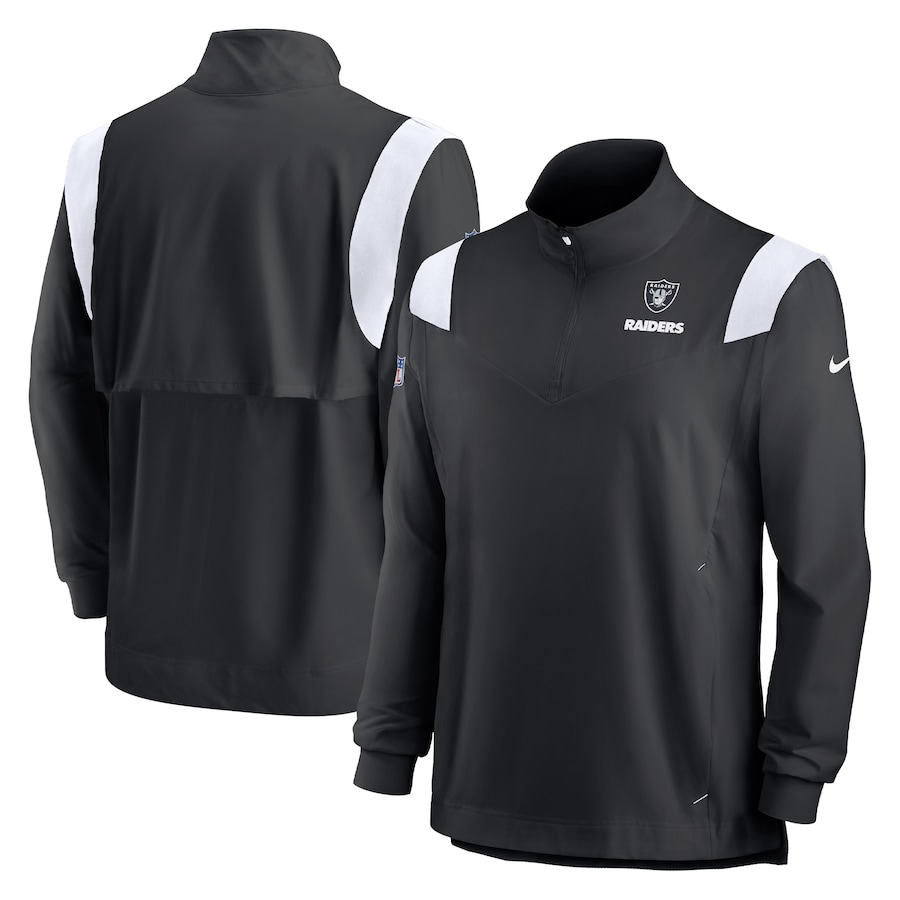 Las Vegas Raiders Football Black Sideline Coach Chevron Lockup Quarter-Zip Long Sleeve Top - Man Las Vegas Raiders Football Black Sideline Coach Chevron Lockup Quarter-Zip Long Sleeve Top - Man